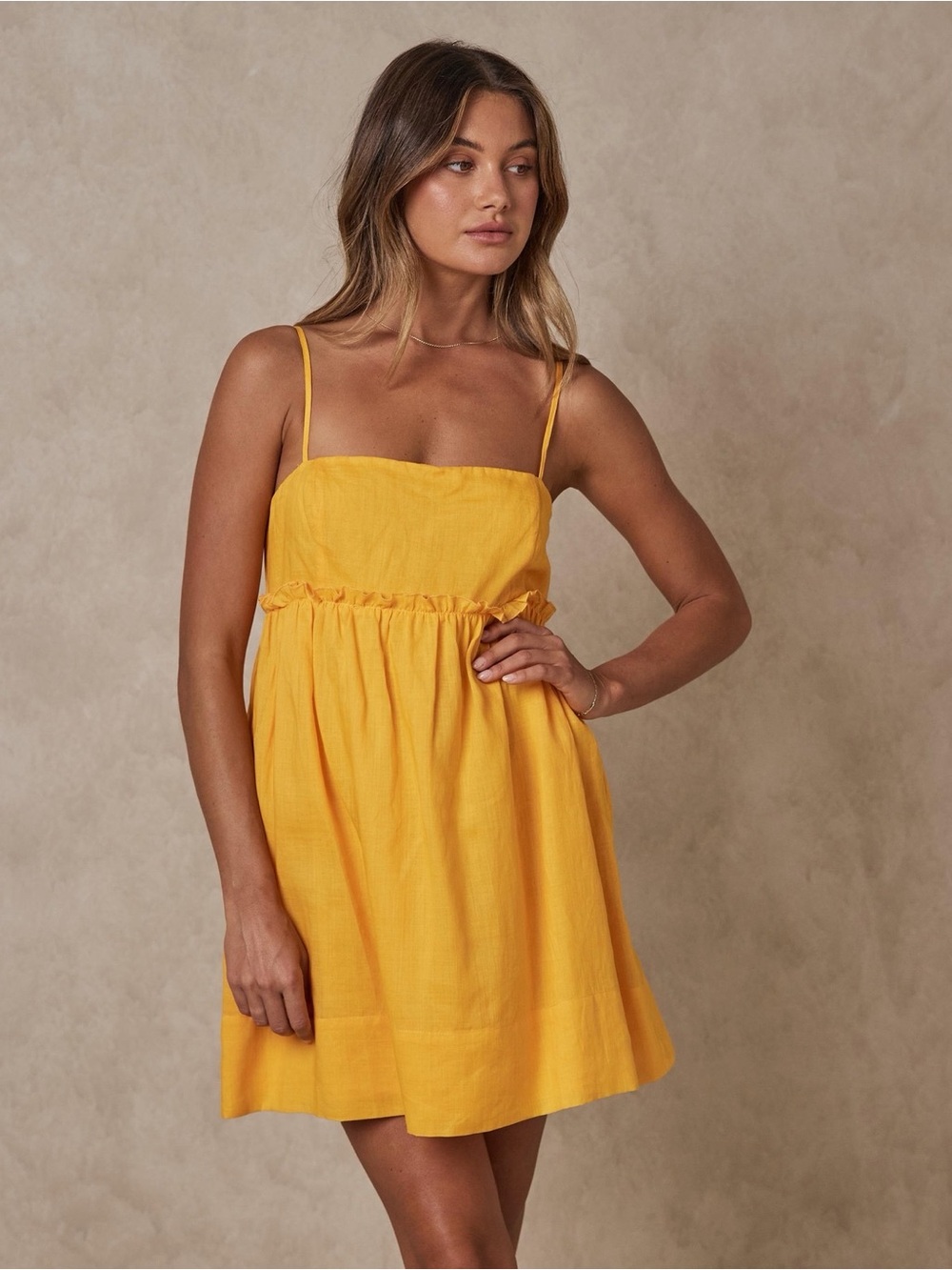 AERE Ramie Frill Mini Dress Yellow/Orange Size 6